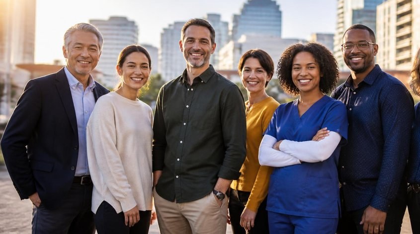 A diverse group of smiling professionals